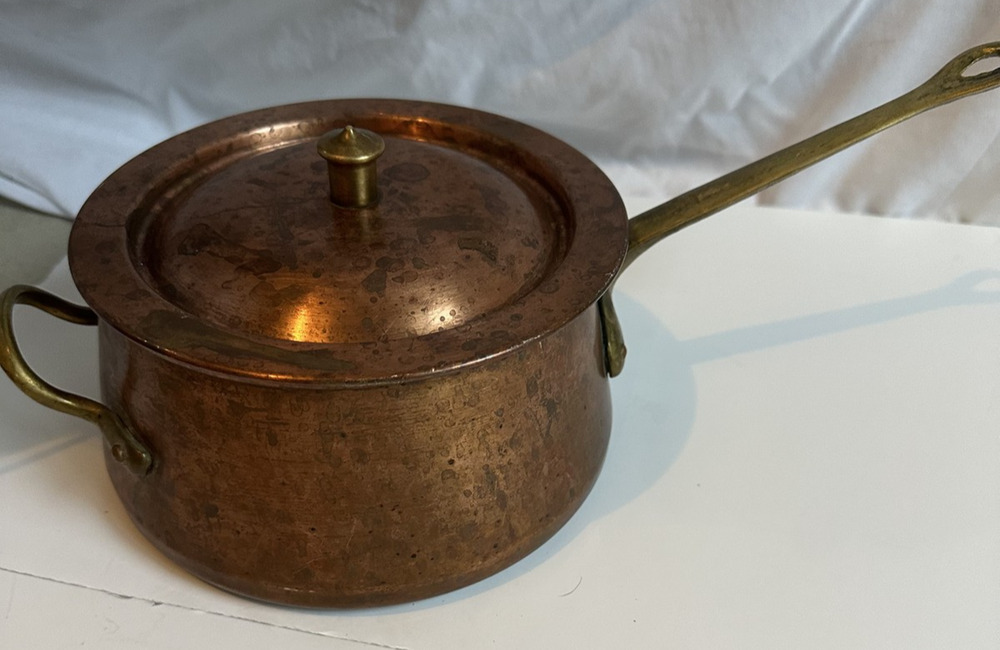 VTG Taurus Portugal Copper Saucepan Brass Handle Tin Lined Pot w/ Lid Cookware